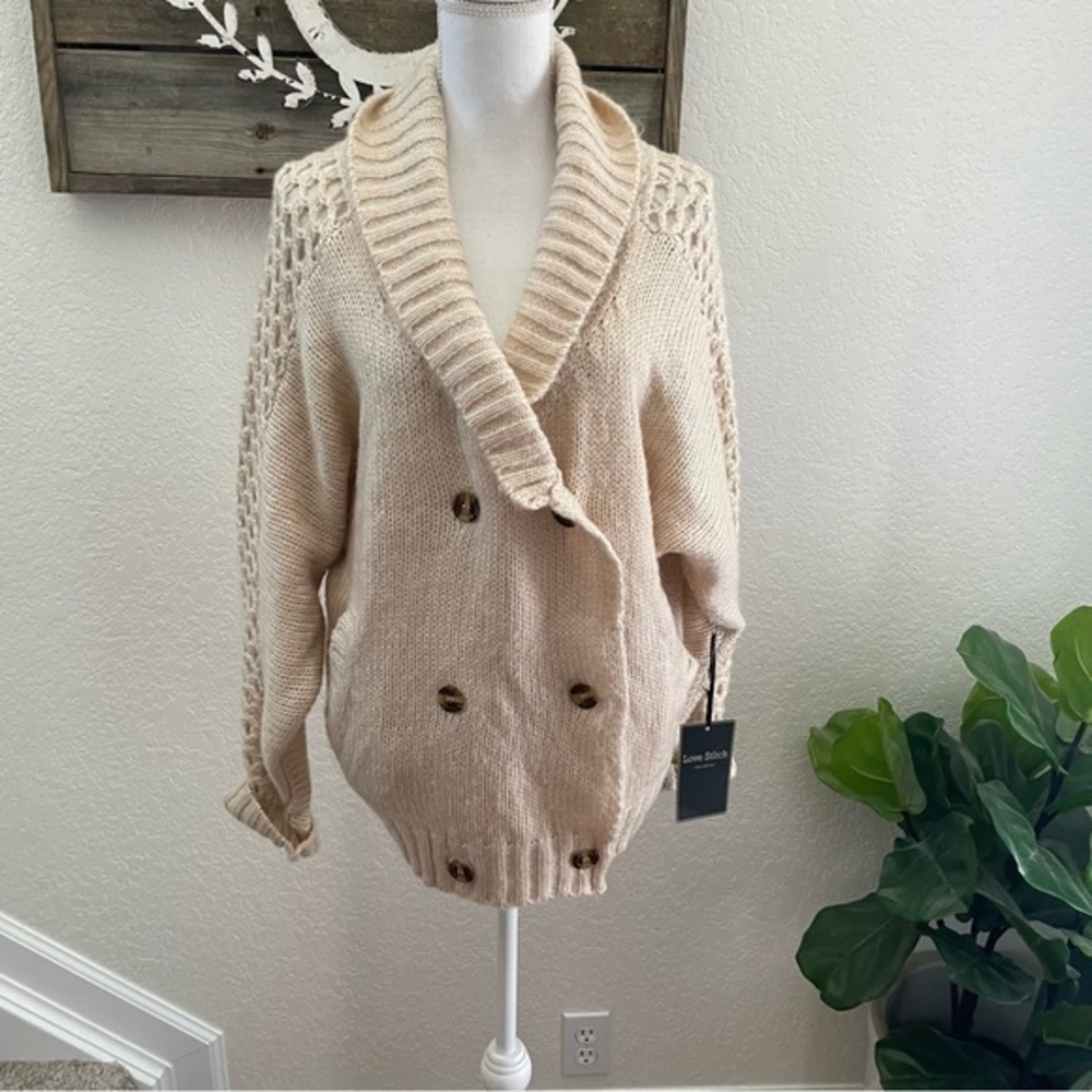 Love stitch boutique tan open knit cardigan sweater size L NWT